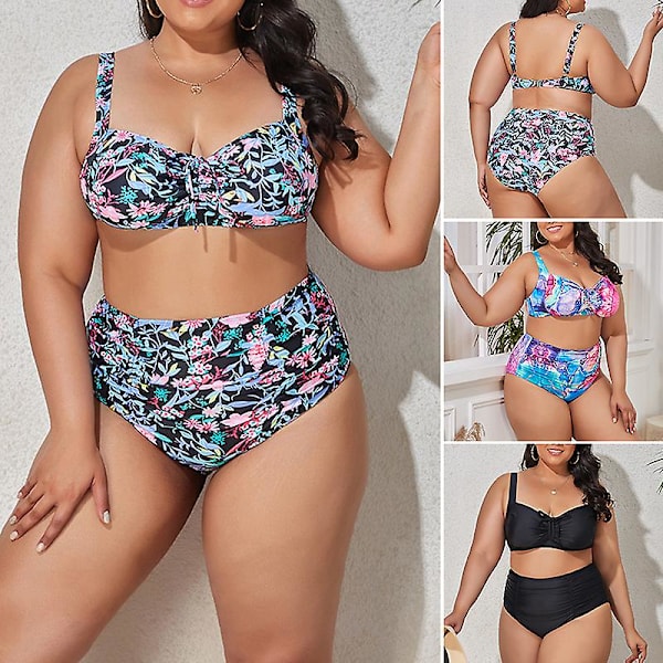 Bikini för damer i oversize-modell, 2-delad, hög skärning, hög midja, justerbara axelband Flower XL