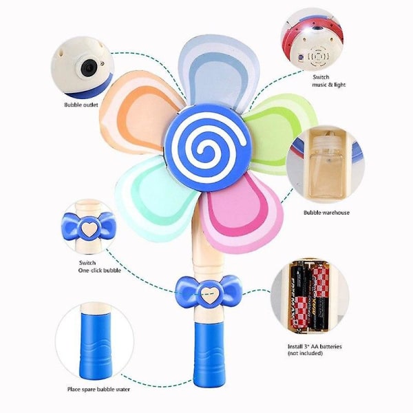 Handhållen Windmill Bubble Wand-leksak med LED-ljus Musik utomhus Automatiska bubblor blåser (blå)
