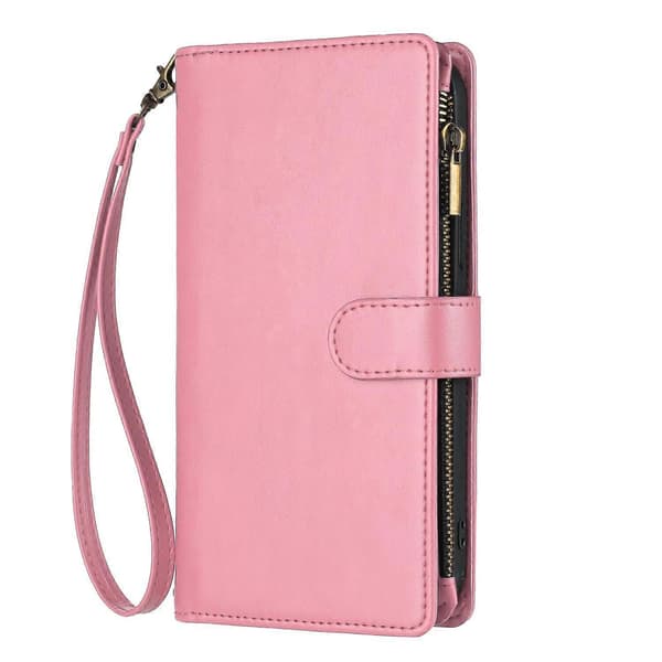 Kompatibelt med iPhone 15 plånboksfodral premium blixtlås stort utrymme flip PU-läderfodral Pink