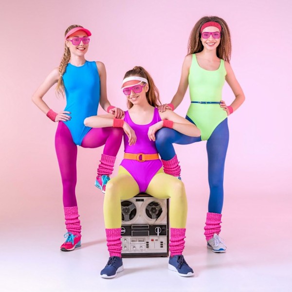 80'er Neon Party Tøj Kostume Tilbehørssæt, 1980'er Retro Tema Party Dekoration Outfit til Kvinder Piger Med Briller - Roserød With glasses - Rose Red One size