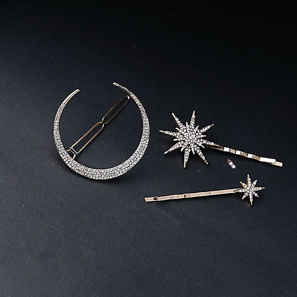 1 set 3 st Guld Måne Stjärnform Strass Hårklämmor Glänsande Diamant Sidoklämmor Hårnålar