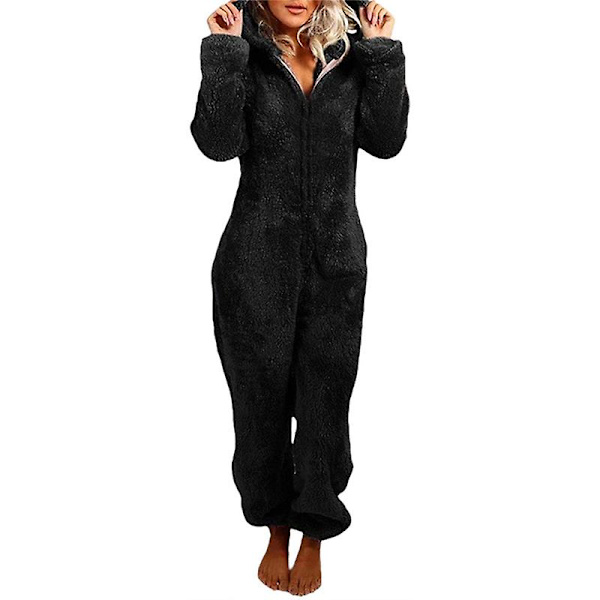 Bedårande Jumpsuit med dragkedja och huva, Fleece Pyjamas Dam Långbyxor Sovkläder Plysch Hoodies Sovkläder Black 2XL