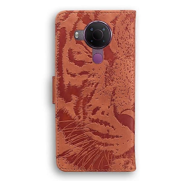 [LCS] For Nokia 5.4 Tiger Embossing Pattern Horisontal Flip Skinnveske Brown