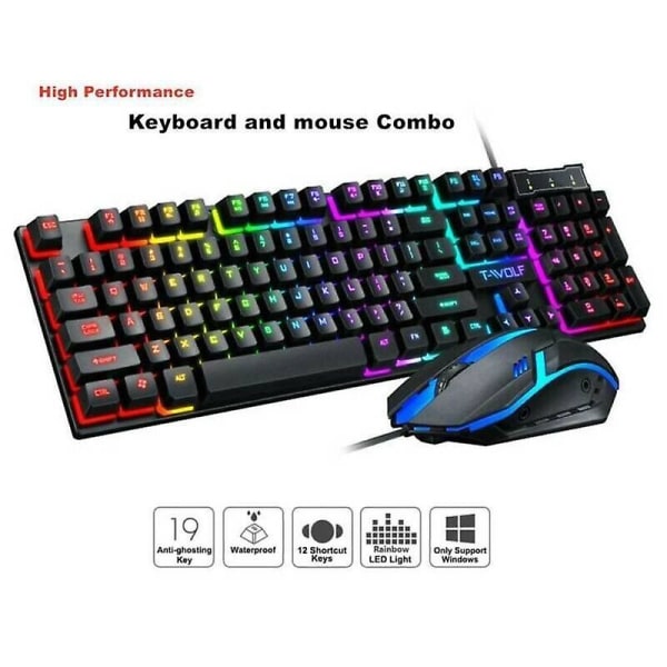 Gaming Tangentbord och mus Combo Rainbow LED Bakgrundsbelyst kabelansluten USB för PC Laptop