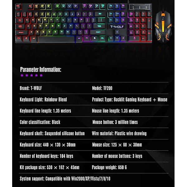 Trådbundet Gaming Tangentbord och Mus Set med Färgglad Bakgrundsbelysning