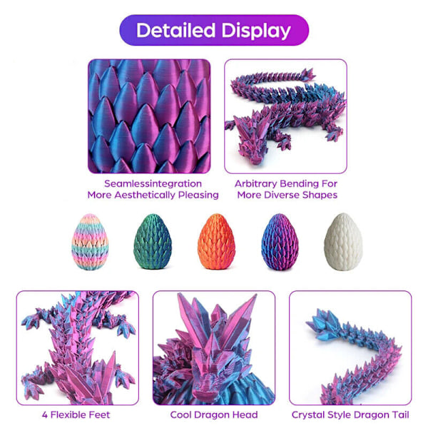 3D-printet Laser Drageegg med 30 cm Fleksibel Drage Fidget Leke Figur Deco Laser Green
