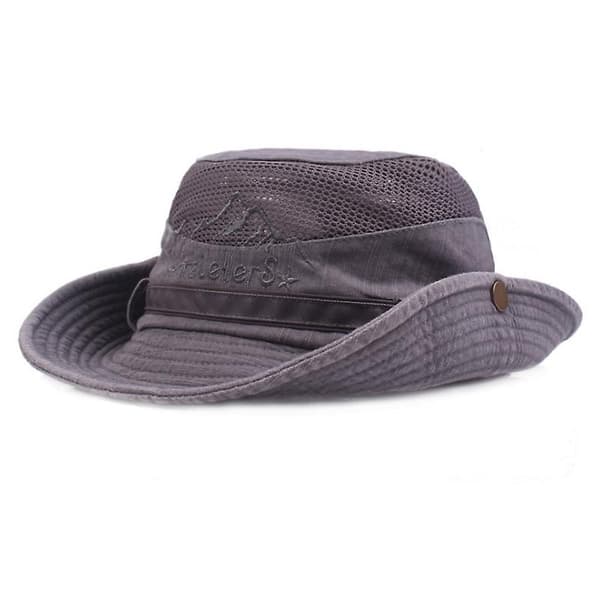 [LCS] Mænd Bomuld Broderi Hat Udendørs Solbeskyttelse Bred Skygge Foldbar Boonie Spandhat Grey