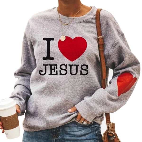 I Love Jesus Print långärmad tröja Damtröja med rund casual tröja för kvinnor S