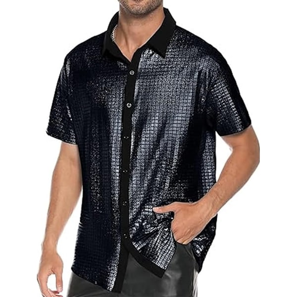 Herre 70'er 80'er Glitter Paillet Skjorter Metallisk Festkostume Kortærmet Knapskjorte Sjov Natklub T-shirt Sort XL Black
