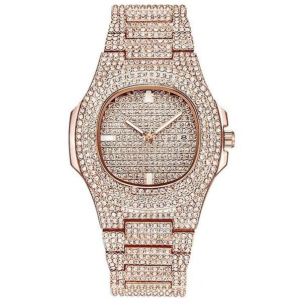 Unisex lyxiga armband i rostfritt stål med full diamant affärsklockor Rose gold
