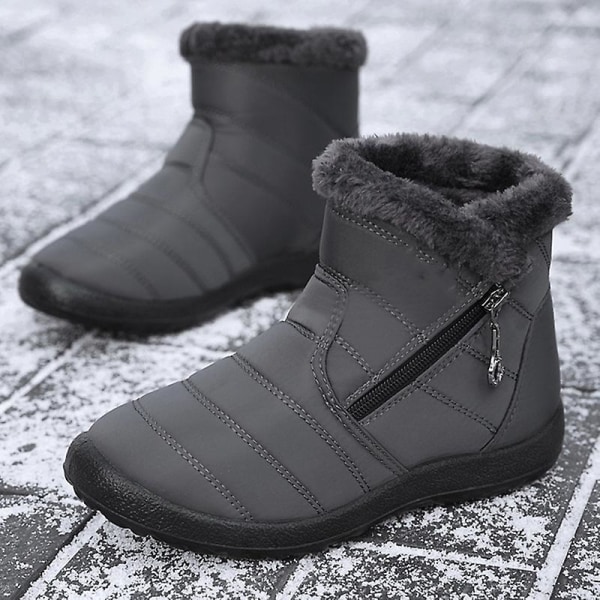 Stövlar för kvinnor, fluffigt tjockt fleecefoder, snökängor, varma ankelstövlar med dragkedja, vinter utomhus Gray 37