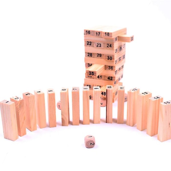 54 st Trätorn Byggklossar Jenga Staplare Extrahera Pedagogiska Dominobrickor Leksaker + 4 st Tärningar Barn