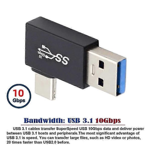 CY Rätvinklig USB3.0 Typ A Hane till USB 3.1 Typ C Hane Data 10 Gbps Laddningsadapter 90 Grader för Bärbar Dator Telefon
