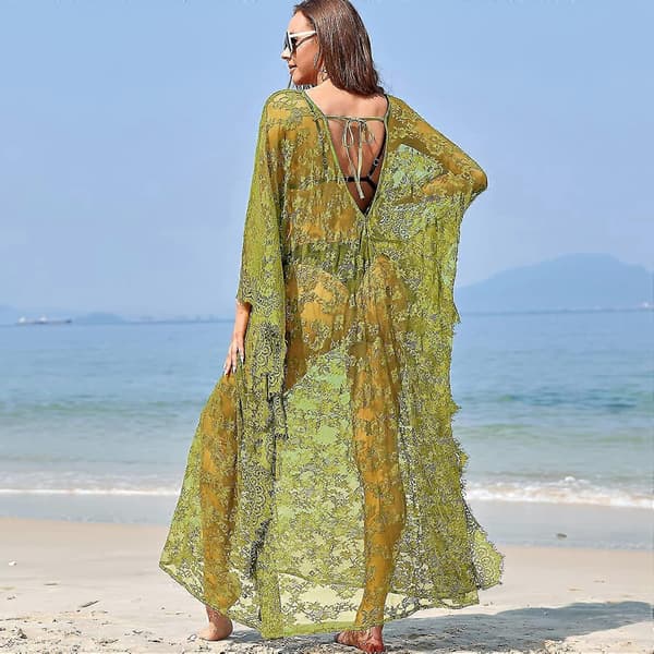 [LCS] Strandovertrekk Boho blondekimono Plus Size Bikini Robe Badedrakt for kvinner Solid-MXBC Army Green