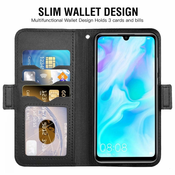 Phone case i bokstil med magnetisk stängning, stativfunktion och kortplats, kompatibel med Huawei P30 Lite