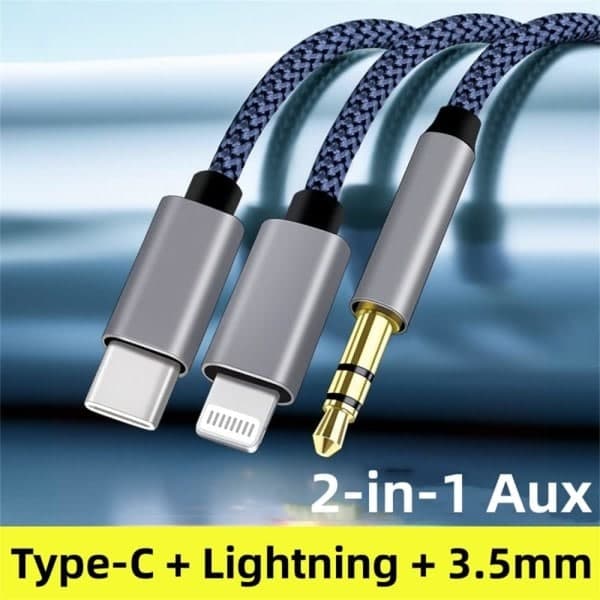 Flettet Nylon USB C & Lightning til 3,5 mm Jack Audio Adapter Aux-kabel