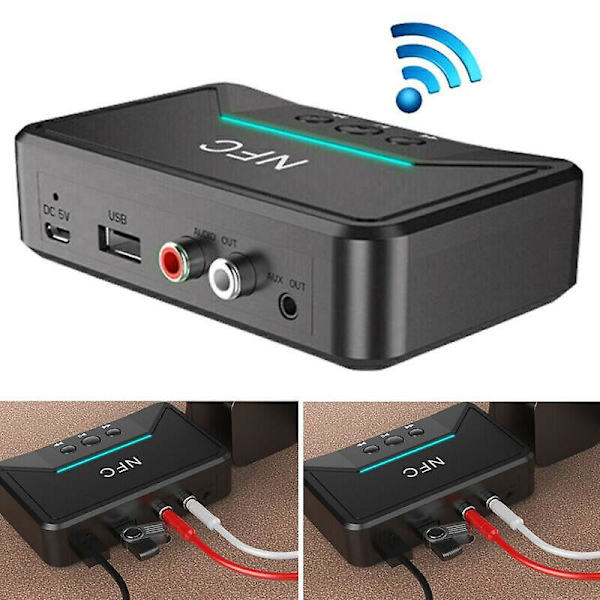 Trådløs Bluetooth 5.0 Receiver 3.5mm Jack AUX NFC til 2 RCA Audio Stereo Adapter