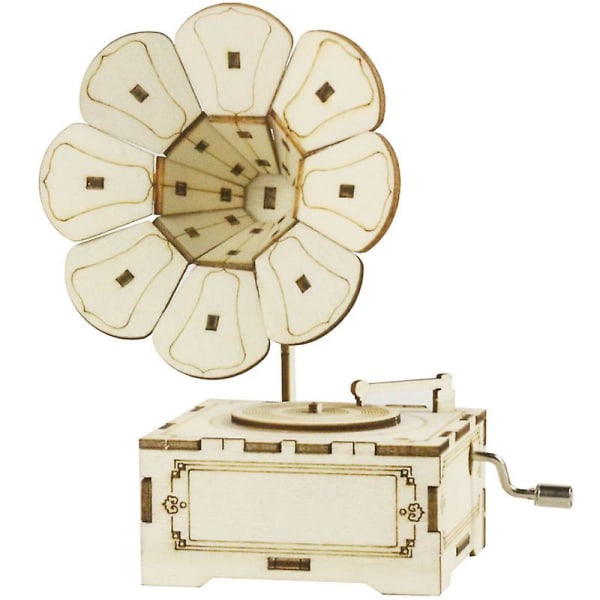 Gör-det-själv-speldosa 3d träpusselmodell handvev graverad musiklåda Hjärnteaser Pedagogisk stambyggnad DIY Gramophone