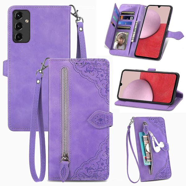 Til Samsung Galaxy A14 5G præget blomster lynlås læder telefoncover