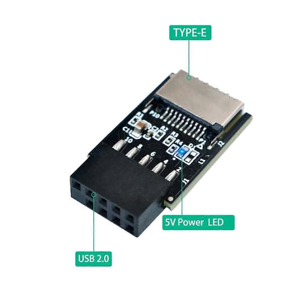 USB 2.0 9Pin till TYPE-E-adapter USB 2.0 9Pin Frontpanel Header till Type-E Intern Adapter med 5V Ström-LED Black