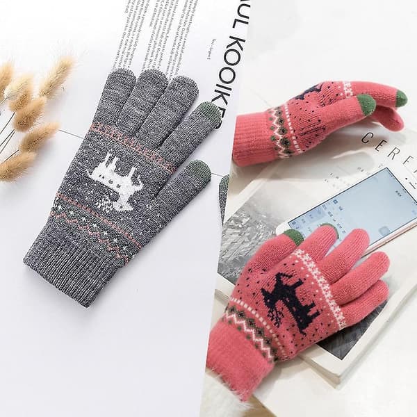 Stickade Tjocka Damhandskar Jul Ren Tryckt Mode Varma Höst Vinter Fullfingerhandskar Navy Blue