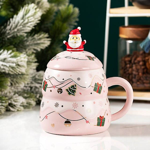 Joulukuusimuki Joulupukki Sarjakuva Keraaminen Vesipullo Kannella Lusikalla Hieno Muotoilu Romanttinen Tyylikäs Rakastavaisten Kahvimuki Pink