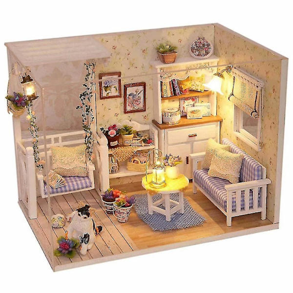 Miniatyrdockhus i trä DIY-husbyggsats med skydd och LED-belysning