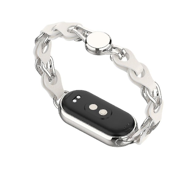 Kompatibel med Xiaomi Smart Band 8 Magnetiskt Klockarmband Äkta Läder+Kedjearmband i Aluminiumlegering White