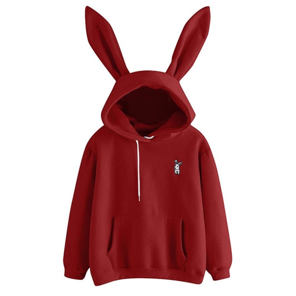 Söt Kanin Hoodie Dam Huvtröja Kaninöron Flicka Långärmad Tröja Sweatshirt Huvjacka Wine Red XL