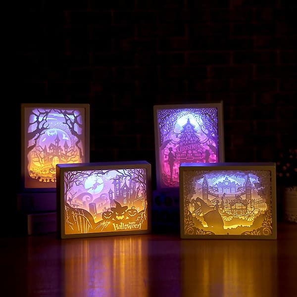 [LCS] Kunstdekorasjon 3D Papirskjæring Lyslampe LED-gave til hjemmesoverom nattbord A