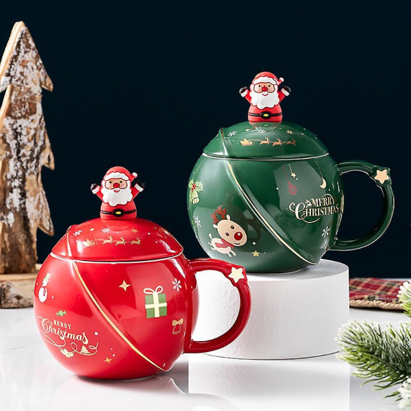 Roliga julkeramiska kaffemuggar med jultomtelock och sked Planetform frukostkoppar Unik julklapp till vänner green