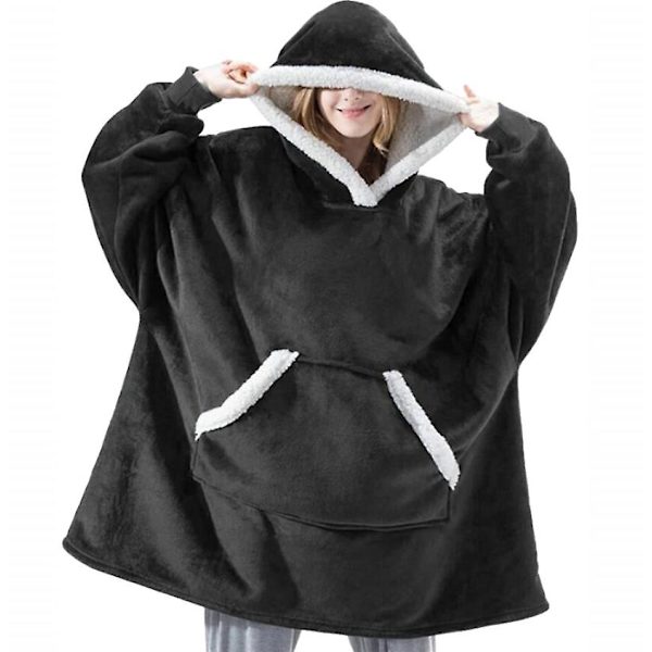 Flannel Hætteklæde Tæppe, One Size black