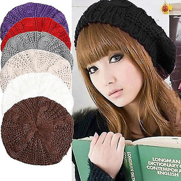 Varm Vinter Dame Beret Strikket Baggy Beanie Lue Flerfarget Skilue White