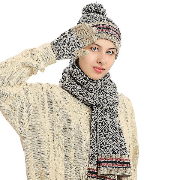 3 stk. Unisex Pompong Lue, Skjerf og Hansker Sett Jacquard Plysjfôret Beige