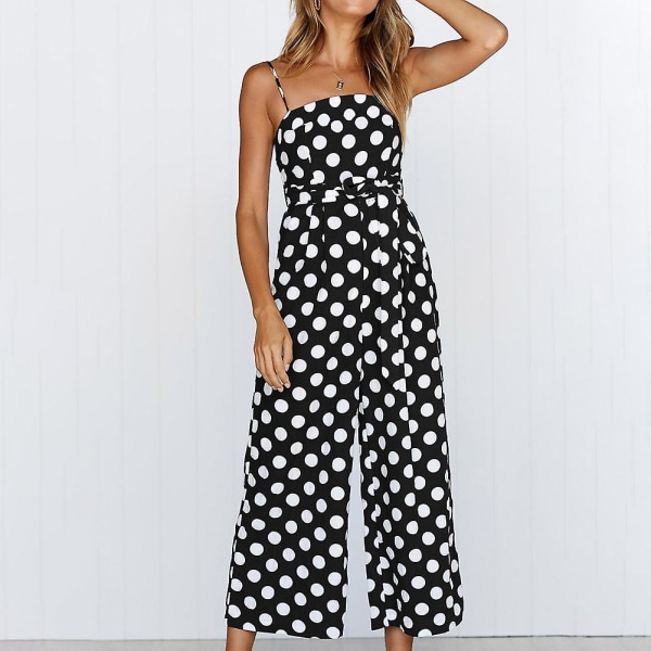 Dame Stroppy Ferie Playsuit Jumpsuit Strand Prikket Trykk Bred Ben For Sommer Ny Black L