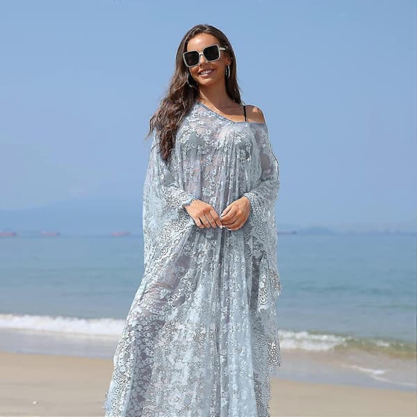 [LCS] Strandovertrekk Boho blondekimono Plus Size Bikini Robe Badedrakt for kvinner Solid-MXBC Sky Blue