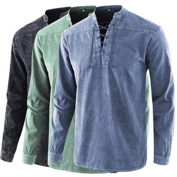 2020 Gotisk Retro T-skjorte for Menn med Snøring, V-hals, Denim, Langermet T-skjorte, Løse Topper for Menn Black M