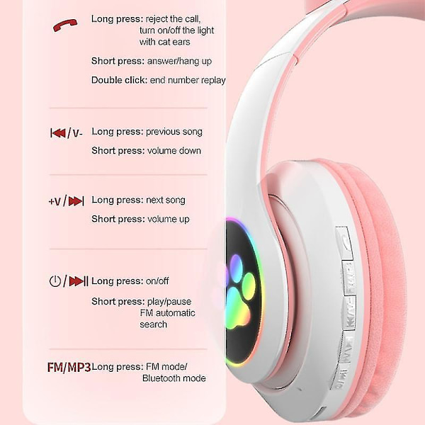Langattomat Bluetooth-kuulokkeet kissankorvilla ja LED-valoilla Pink