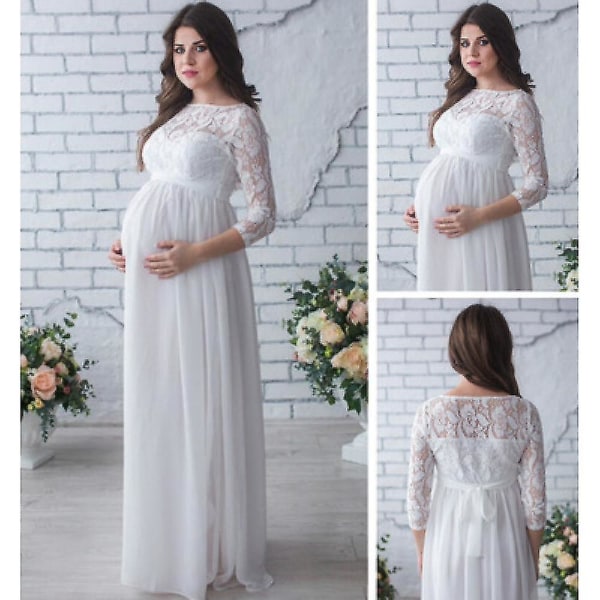 Gravidfotografi rekvisita Kvinnor Gravidkläder, Spetsklänning för gravida White with Sleeve XL