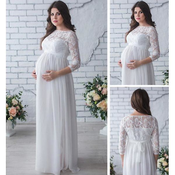 Maternity Fotografering Rekvisitter Dame Gravidklær, Blondekjole For Gravide White with Sleeve XL