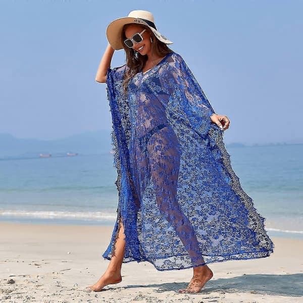 [LCS] Strandovertrekk Boho blondekimono Plus Size Bikini Robe Badedrakt for kvinner Solid-MXBC Royal Blue