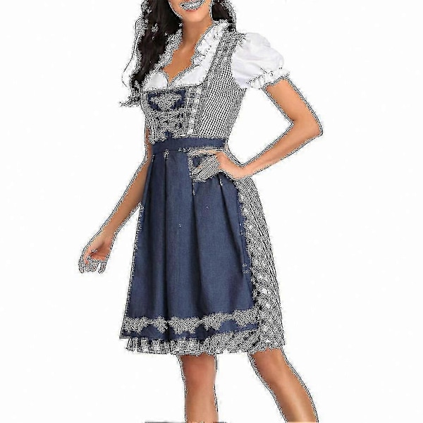 [LCS] Tradisjonell bayersk stil dame Dirndl-kjole med bluse og forkle-sett Blue M
