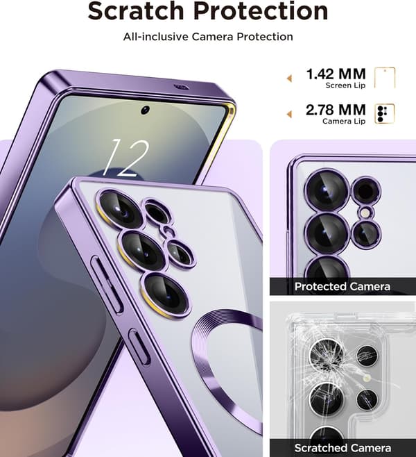 [LCS]Magnetic Case Samsung Galaxy S25 Ultra, Compatible with MagSafe, [Full Camera Protection] [Screen Protector] Shockproof Plated Transparent Black\/Clear