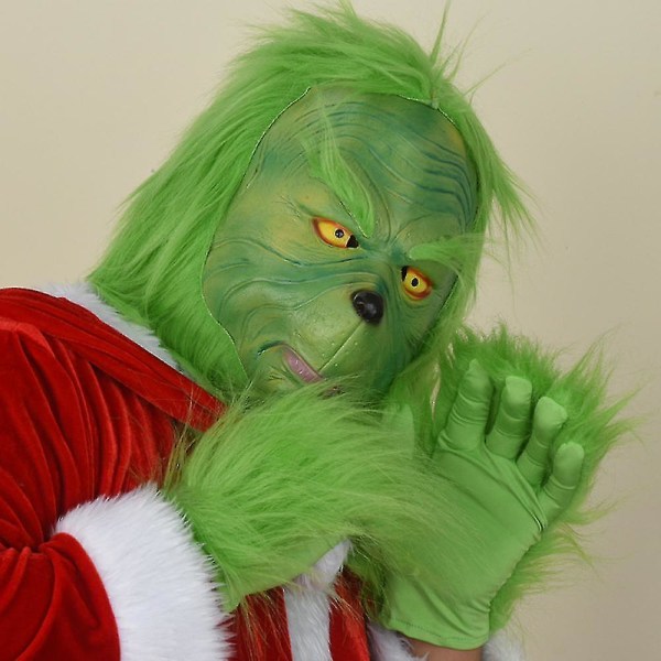 Grön Grinch Mask Santa Grinch Cosplay Mask Med Handskar Juldräkt Cosplay rekvisita Mask and Hat