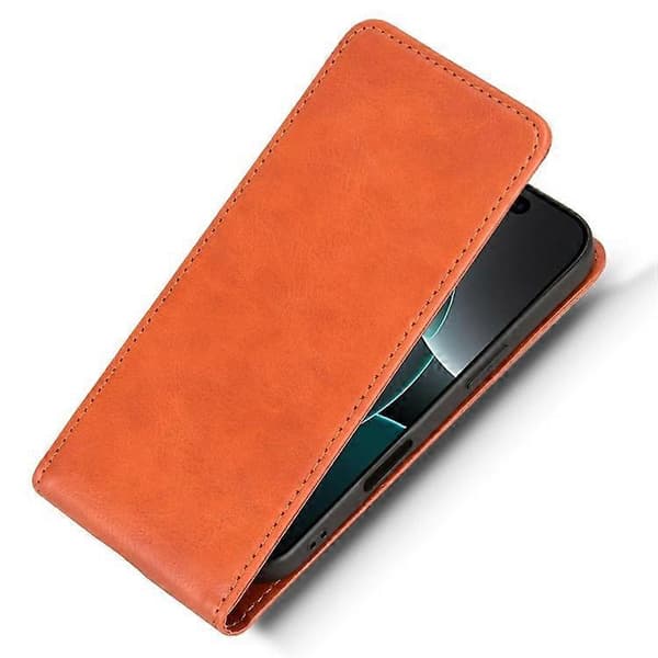 Kompatibelt etui til iPhone 16 Pro med kortplads, magnetisk vertikalt flip-cover i læder Orange