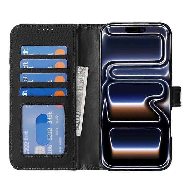 Kompatibelt för iPhone 17 Pro Ställfodral Litchi Textur Äkta Läder Plånbok Telefonfodral RFID Black
