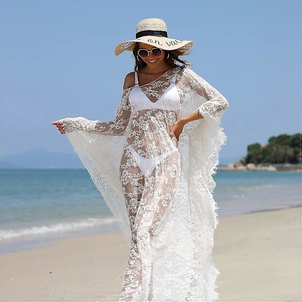 [LCS] Strandöverdrag Boho Spetskimono Plus Size Bikini Robe Baddräkt för kvinnor Solid-MXBC White