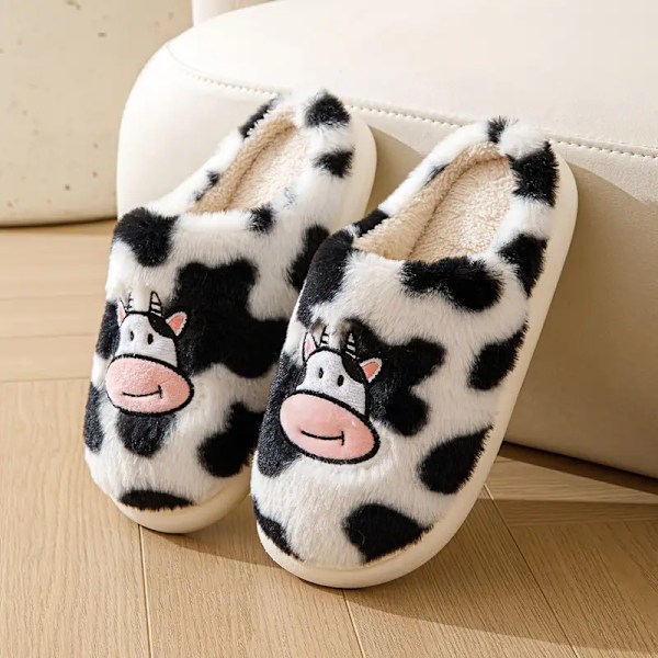 Damtofflor i bomull med tecknat motiv, Söta slip-on skor med ko-mönster och plyschfoder, Varma hemtofflor EU41 42