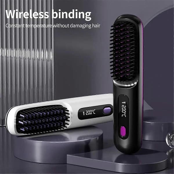 LCD USB-lading Oppvarming Krølling Strømkam Hårrettetang Trådløs Bærbar Hårrettingskam Black