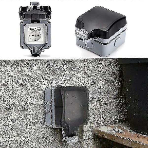 Raskas ulkokäyttöön tarkoitettu kaksoispistorasia USB-liitännällä, vedenpitävä seinärasialla (yksi)